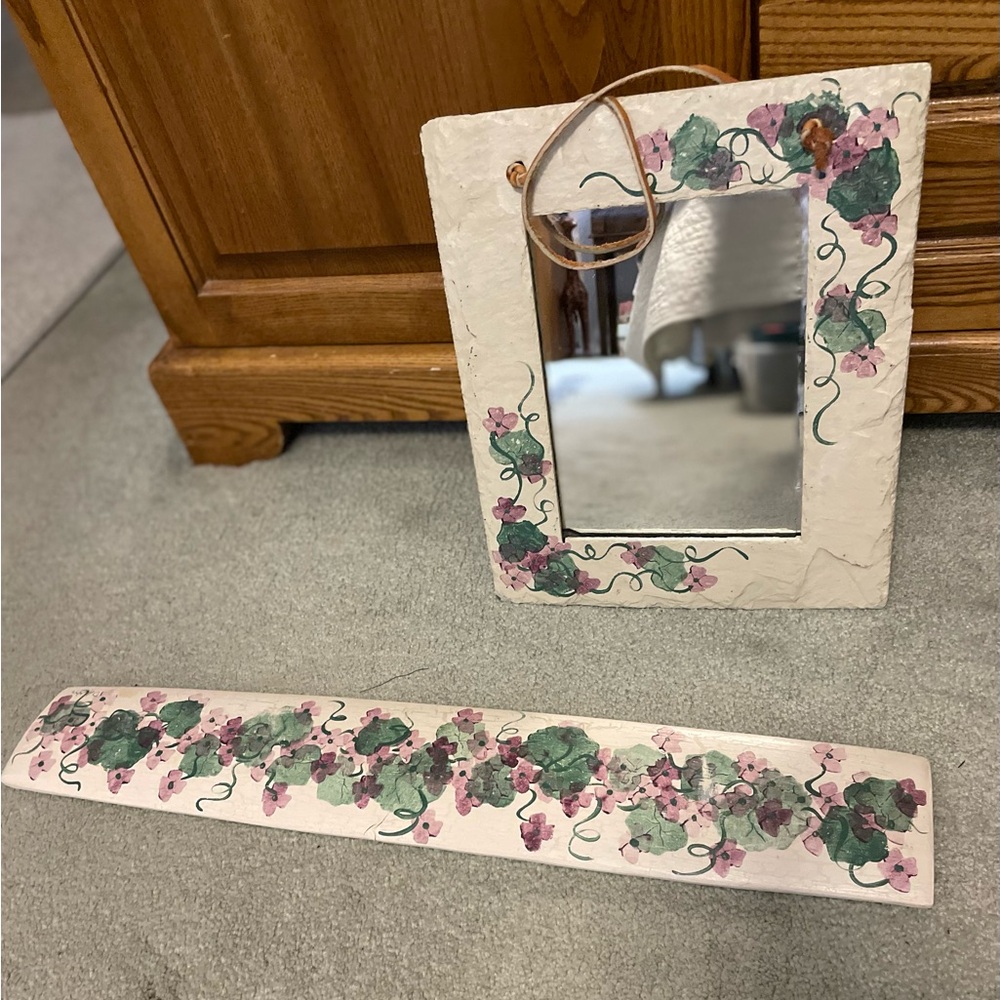 Floral SLATE  Wall /table Mirror and Plaque Set-Artist signed